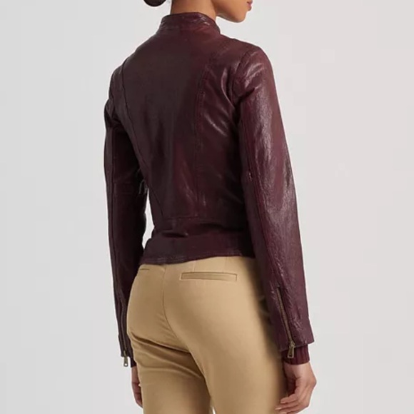 New Lauren Ralph Lauren Wine-Red Color Leather Moto Cafe Racer Jacket Women’s - Picture 4 of 16